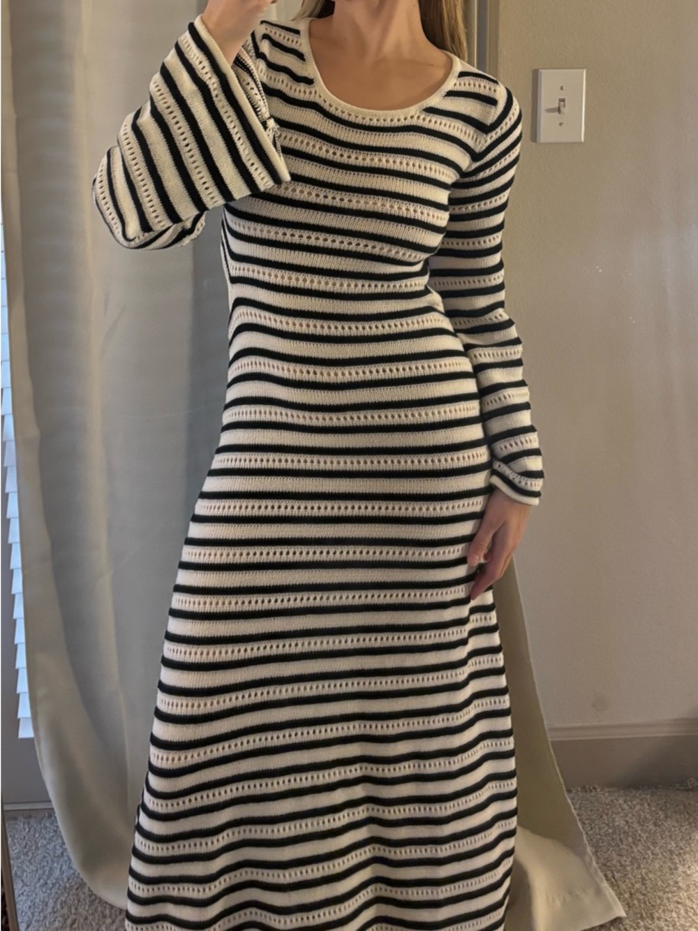Black & White Striped Knit Maxi Dress – Long Sleeve